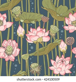 Detailed blooming pink lotus vector seamless background