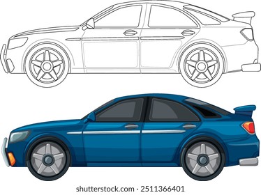 Detailed blue car with outline version
