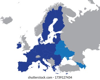 Detailed Blue Flat Political Map Of Eastern Partnership (EaP) On Grey Background Of European Continent