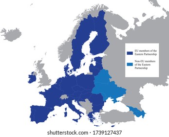 Detailed Blue Flat Political Map Of Eastern Partnership (EaP) On Grey Background Of European Continent (with Legend)