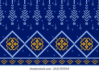 A detailed blue geometric textile design featuring traditional Thai motifs, accented with gold.