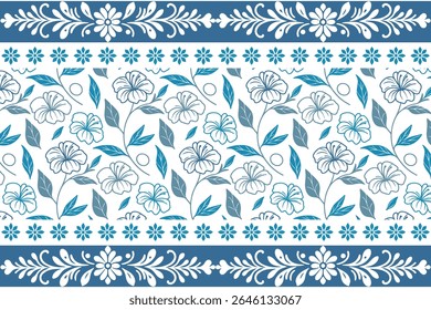 linha azul detalhada borda floral com esboços de flor abstratos sem costura e design inspirado botânica linear moderna

