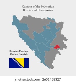 Mapa detalhado azul Bósnia Herzegovina divide-se em cantões - Bosnian-Podrinje Canton Gorazde. Mapa de modelo para plano de fundo, infográfico de padrão. Parte administrativa do país europeu dividida por regiões