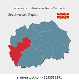 Detailed blue map North Macedonia divide into cantons - Southwestern Region. Template map for background, pattern infographic. Administrative part of Europe country divided on regions North Macedonia