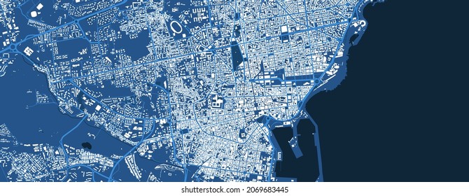 Detailed blue map poster of Catania city administrative area. Skyline panorama. Decorative graphic tourist map of Catania territory. Royalty free vector illustration.