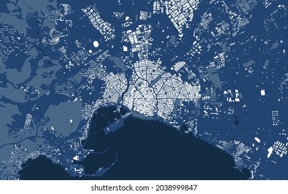 Detaillierte blaue Karte Poster der Stadtverwaltung von Palma de Mallorca. Stadtlandpanorama. Dekorative grafische touristische Karte von Palma de Mallorca Gebiet. Lizenzfreie Vektorgrafik. 