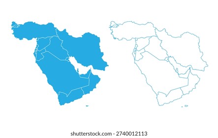 Detailed blue Middle East map collection including solid silhouette and clean outline vector design elements