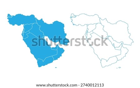 Detailed blue Middle East map collection including solid silhouette and clean outline vector design elements
