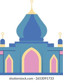 Detailed blue mosque with ornamental elements, ideal for Eid Mubarak greetings, Islamic holiday posters, mosque banners, and cultural event invites.