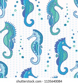 Detailed Blue Seahorses, Seamless Vector Pattern Background, Hand Drawn Animal Illustration for Summer Scrapbooking, Gift Wrap, Kids Fashion Prints, Beach Apparel & Cute Stationery, Aquatic Backdrop