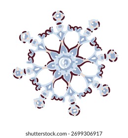 Detailed blue snowflake with decorative pattern and soft shading. Cute cartoon doodle style winter ornament for christmas design, cards, stickers, or festive decoration, vector illustration.