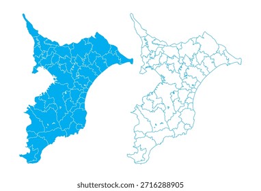 Mapa detallado del Vector azul de la prefectura de Chiba dividido en municipios sobre fondo limpio