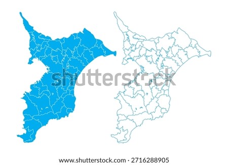 Detailed blue vector map of Chiba prefecture divided into municipalities on clean background