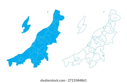 Mapa detallado del Vector azul de la prefectura de Ishikawa dividido en municipios sobre fondo blanco