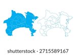 Detailed blue vector map of Kanagawa prefecture divided into municipalities on white background