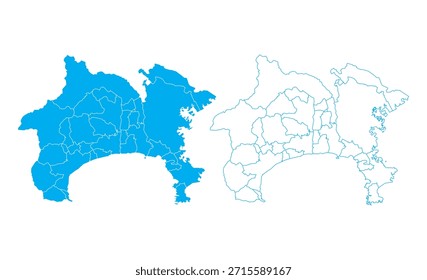 Mapa detallado del Vector azul de la prefectura de Kanagawa dividido en municipios sobre fondo blanco