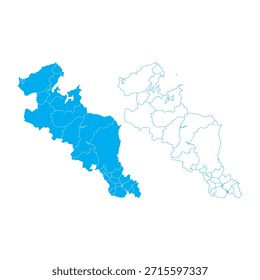 Mapa detallado del Vector azul de la prefectura de Kioto dividido en municipios sobre fondo limpio