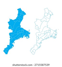 Mapa detalhado do vetor azul da prefeitura de Mie dividido em municípios sobre fundo branco limpo