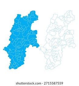 Mapa detallado del Vector azul de la prefectura de Nagano dividido en municipios sobre fondo limpio