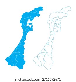 Mapa detallado del Vector azul de la prefectura de Niigata dividida en municipios sobre fondo limpio