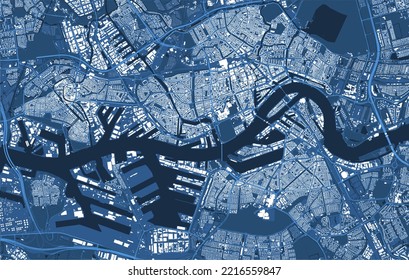 Afiche detallado del mapa del vector azul del área administrativa de la ciudad de Rotterdam. Panorama de líneas aéreas. Mapa turístico gráfico decorativo del territorio de Rotterdam. Ilustración libre de regalías.