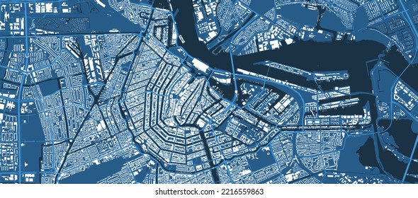 Detailed blue vector map poster of Amsterdam city administrative area. Skyline panorama. Decorative graphic tourist map of Amsterdam territory. Royalty free illustration.