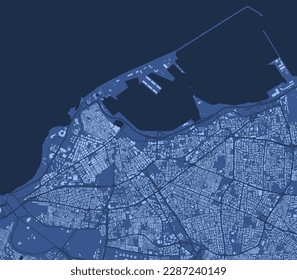 Detailed blue vector map poster of Tripoli city administrative area. Skyline panorama. Decorative graphic tourist map of Tripoli territory. Royalty free illustration.