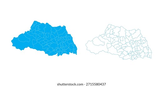Mapa detallado del Vector azul de la prefectura de Saitama dividido en municipios sobre fondo blanco