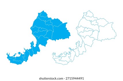 Mapa detallado del Vector azul de la prefectura de Shiga dividida en municipios sobre fondo limpio