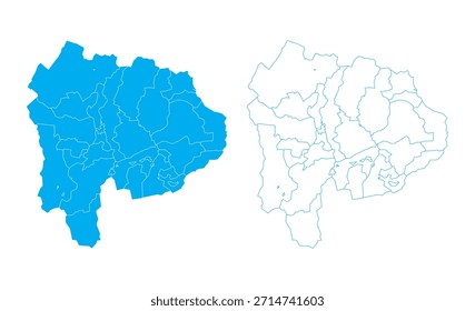Mapa detallado del Vector azul de la prefectura de Tochigi dividido en municipios sobre fondo limpio