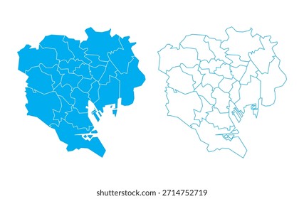Mapa detallado del Vector azul de los barrios especiales de Tokio divididos en 23 distritos sobre fondo blanco
