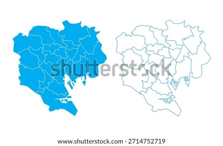 Detailed blue vector map of Tokyo Special Wards divided into 23 districts on white background