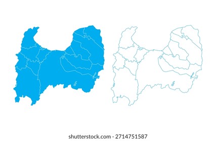 Mapa detallado del Vector azul de la prefectura de Toyama dividido en municipios sobre fondo limpio