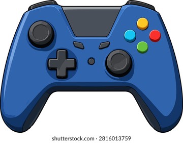 Detailed blue wireless game controller illustration with color buttons joysticks and modern gaming technology styling for poster sticker editorial and gadget design