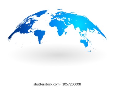 Detailed blue world map, mapped on an open globe, isolated on white background