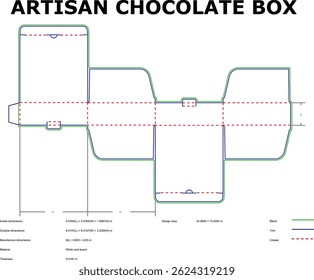 Detailed blueprint of an artisan chocolate box packaging template with measurements and design information
