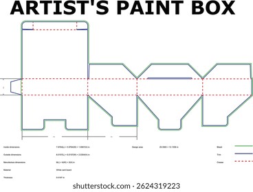 Detailed blueprint of an artist's paint box with dimension measurements and crease lines for packaging