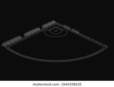 Um esquema detalhado de um campo de beisebol com contornos brancos nítidos em um fundo preto, mostrando o diamante, bases e outfield. Perfeito para apresentações e projetos relacionados a esportes.