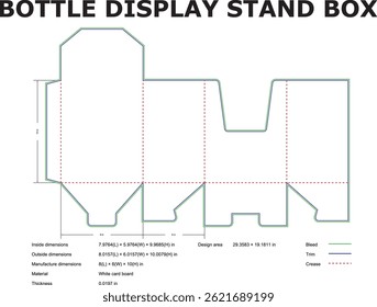 Detailed blueprint of a bottle display stand box vector graphic design including dimensions for product packaging and branding