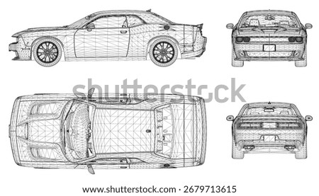 Detailed blueprint of a car, wireframe design on white background, Vector illustration