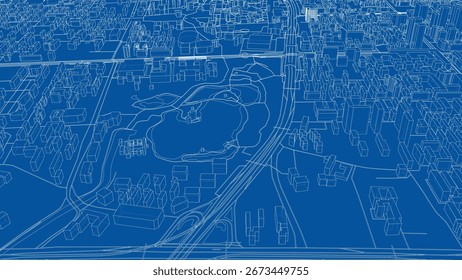 Un plan detallado de un diseño de la ciudad, que muestra edificios, carreteras y un área central del parque con estanques. Vector. Ilustración 3D
