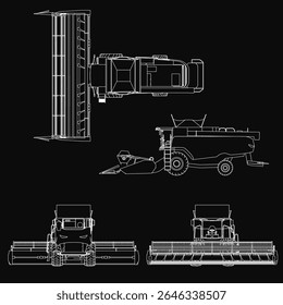 Detailed blueprint of a combine harvester on a black background, featuring front, back, and side views. Clearly visible components include headlights, grille, and wheels.