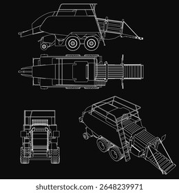 A detailed blueprint of a combine harvester on a black background features multiple vehicle designs, including a tractor, truck, and trailer. Clear outlines highlight headlights, grilles, and wheels.
