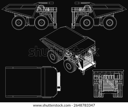 Detailed blueprint of a dump truck in vector format, featuring precise technical drawings on a black background.