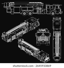 Projeto detalhado de um caminhão de bombeiros com linhas vetoriais precisas em um fundo preto, destacando o projeto da máquina de fogo. Perfeito para projetos de engenharia ou temas de serviços de emergência, disponível.