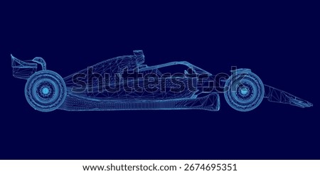 A detailed blueprint of a Formula 1 car features sleek aerodynamic contours and precise wireframe rendering. The sportcar design stands out against a vibrant blue background.