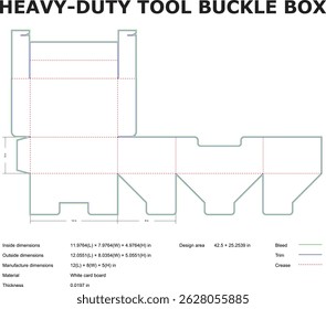 Detailed blueprint of a heavy duty tool buckle box with dimensions and specifications