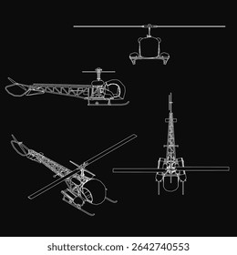 Detailed blueprint of a helicopter on a black background highlights rotor blades, tail section, cockpit, and landing gear. Technical schematic showcases precise engineering and aerodynamics