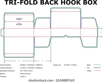 Detailed blueprint illustration of a tri fold back hook box packaging template design