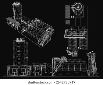 A detailed blueprint of an industrial grain elevator on a black background, showcasing elevators, conveyor belts, and structural components. The technical drawing highlights the complex machinery